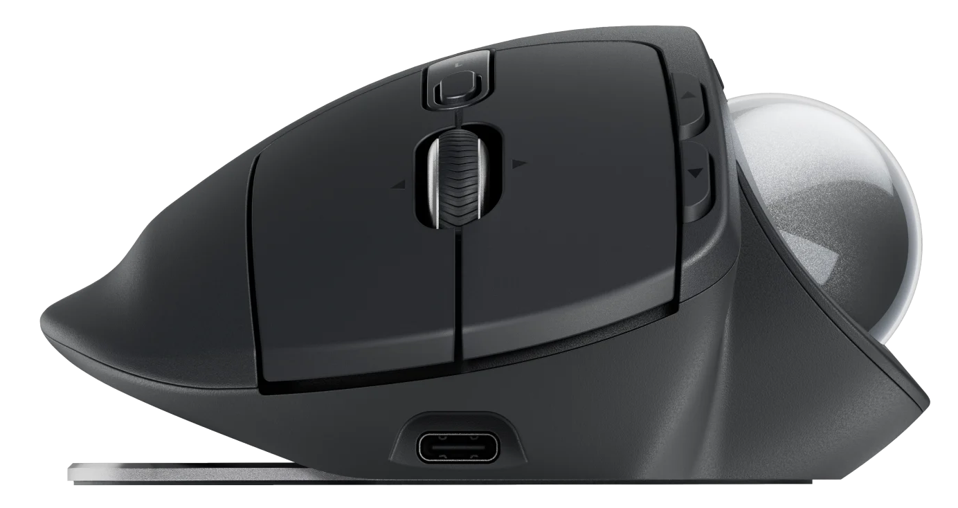 Egy fekete, ergonomikus trackball egér, görgővel és oldalsó gombokkal.