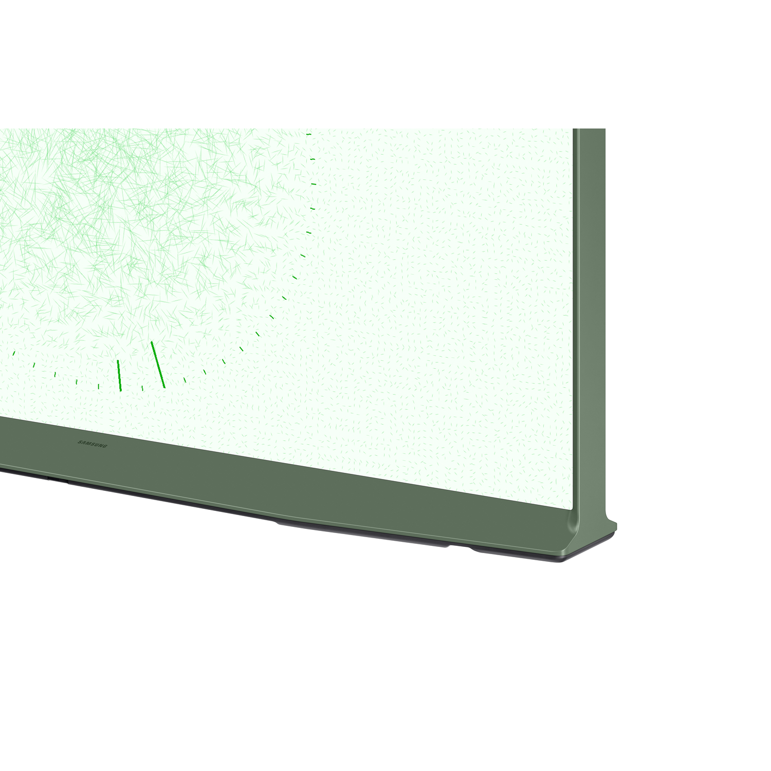 Green Samsung TV frame corner. The screen is blank. White background.