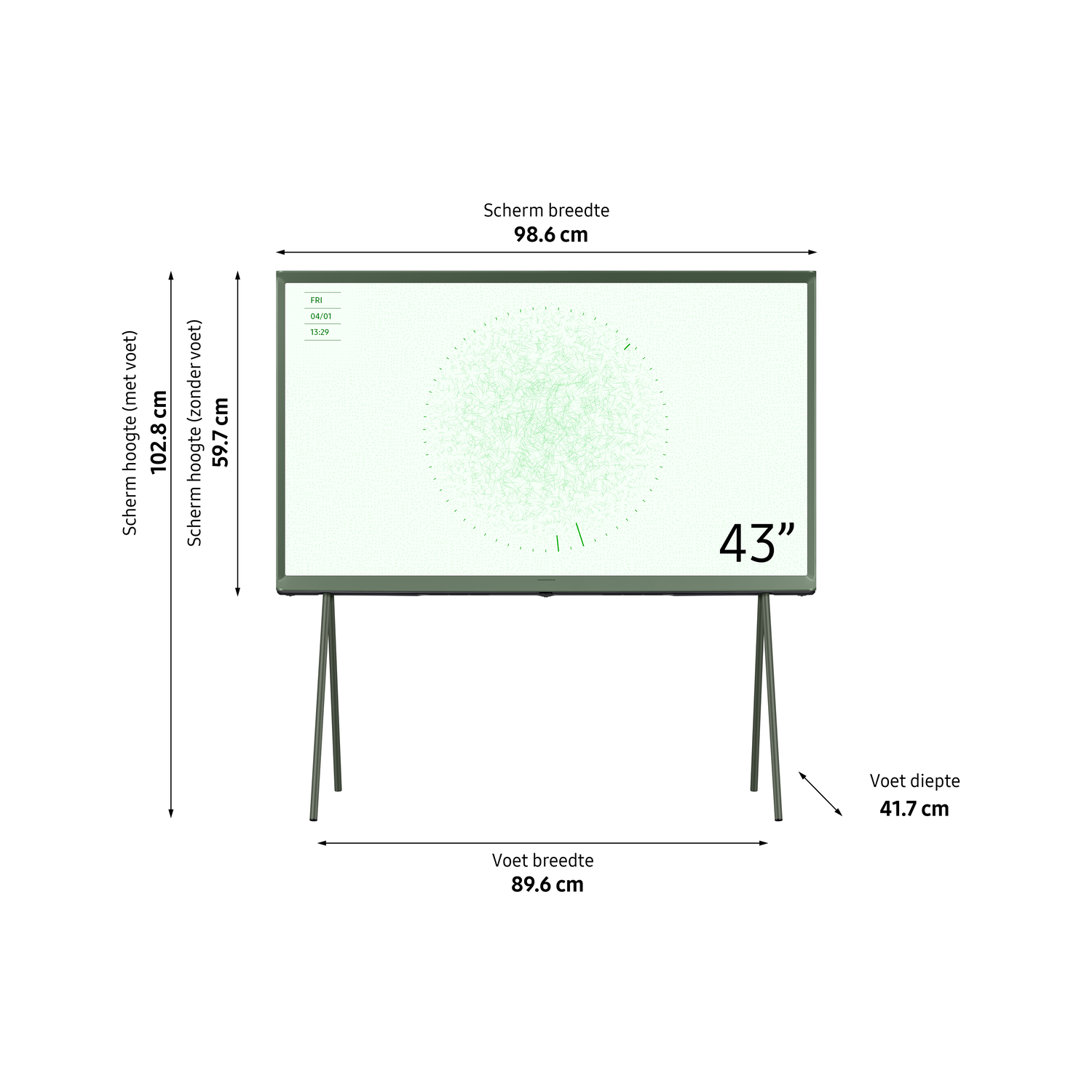 43-inch green TV on a stand. Dimensions and specifications are displayed.