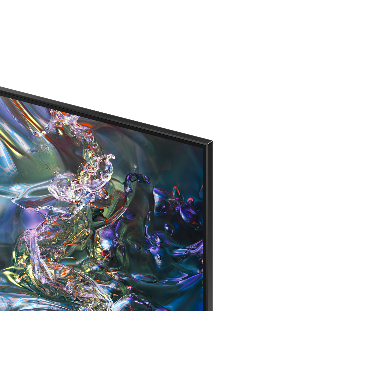 TV hoek. Display toont kleurrijke abstracte kunst. Zwarte rand rechts.