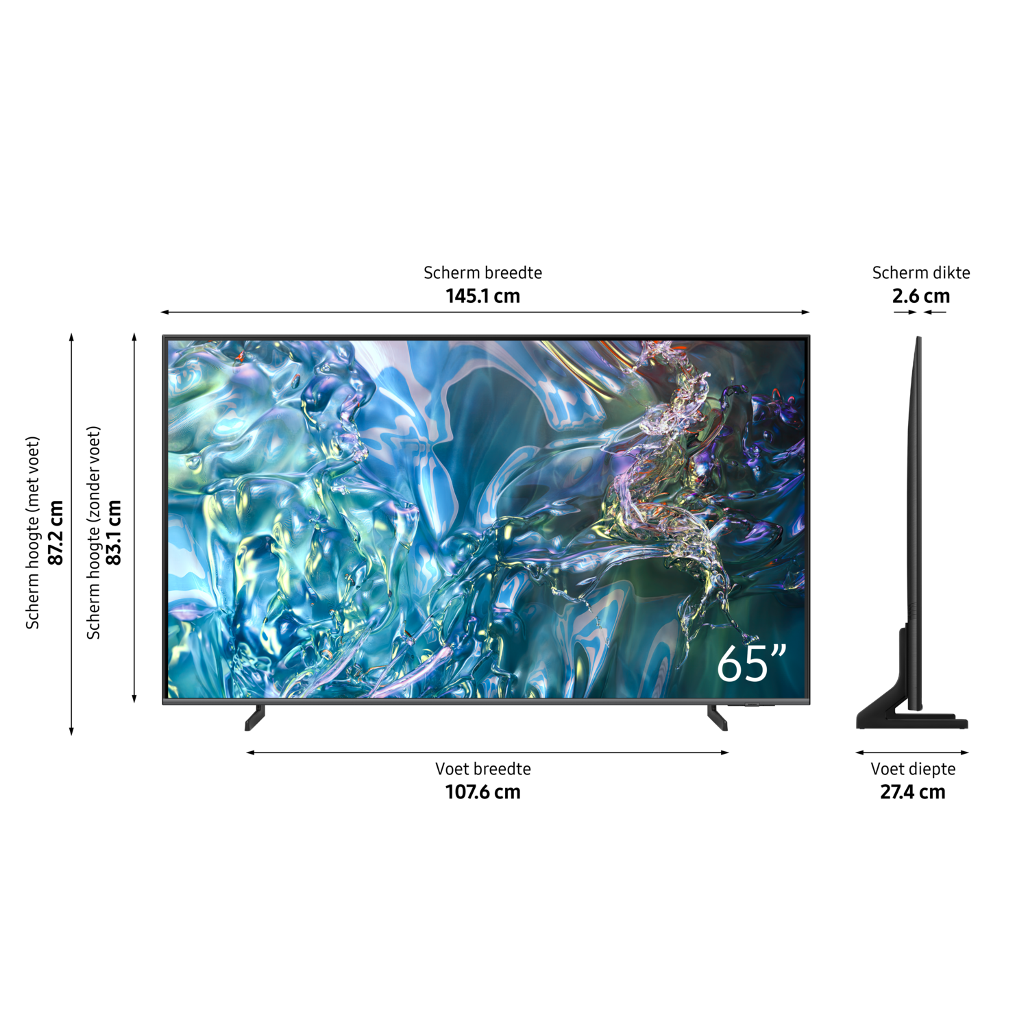 Een 65" Samsung tv, weergegeven in voor- en zijaanzicht.