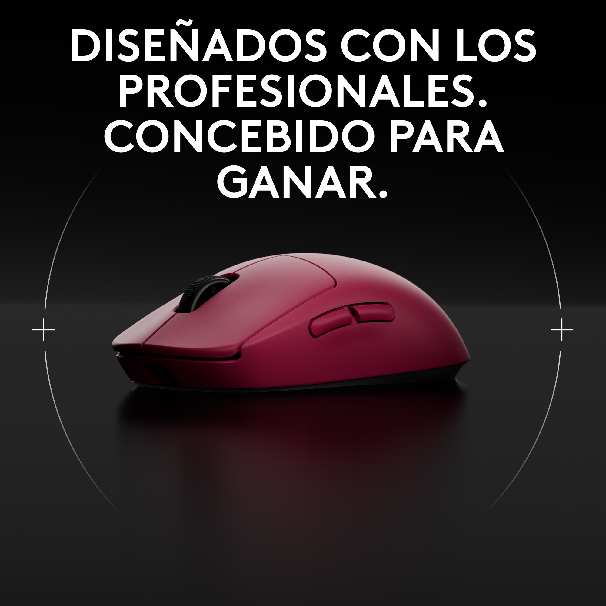 Un ratón rojo con una rueda de desplazamiento negra. Texto: Diseñado con profesionales. Hecho para ganar.