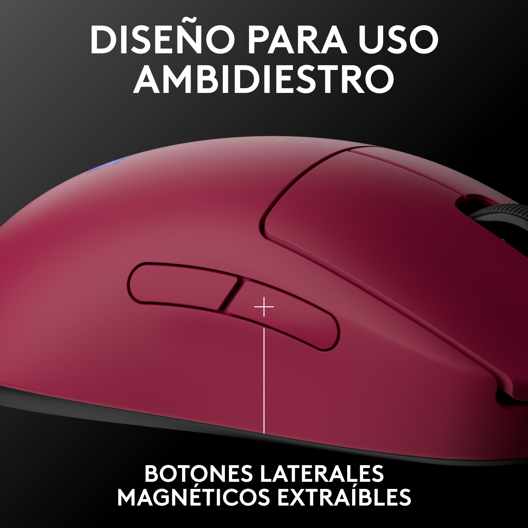 Primer plano de un ratón rojo con botones laterales y texto arriba y abajo en español.