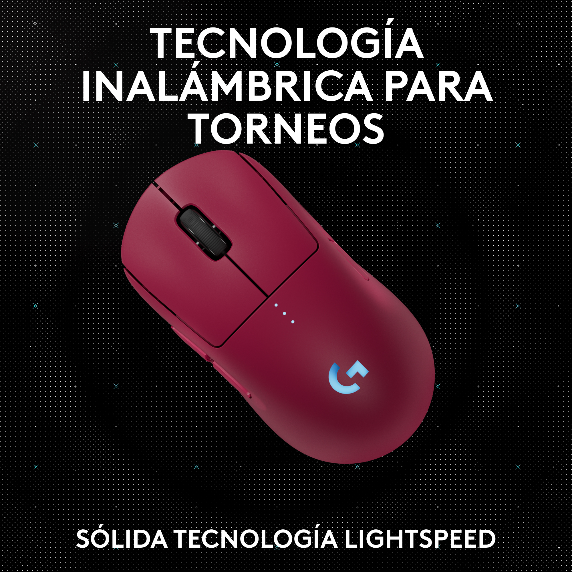 Ratón gaming inalámbrico rojo sobre fondo oscuro, logo Logitech G.