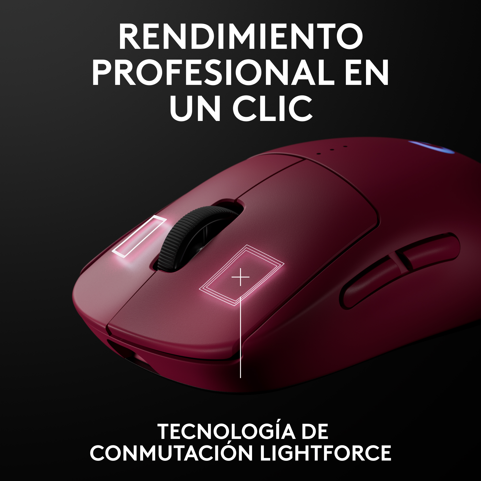 Ratón rojo con reflejos blancos, con superposición de texto, sobre fondo oscuro.