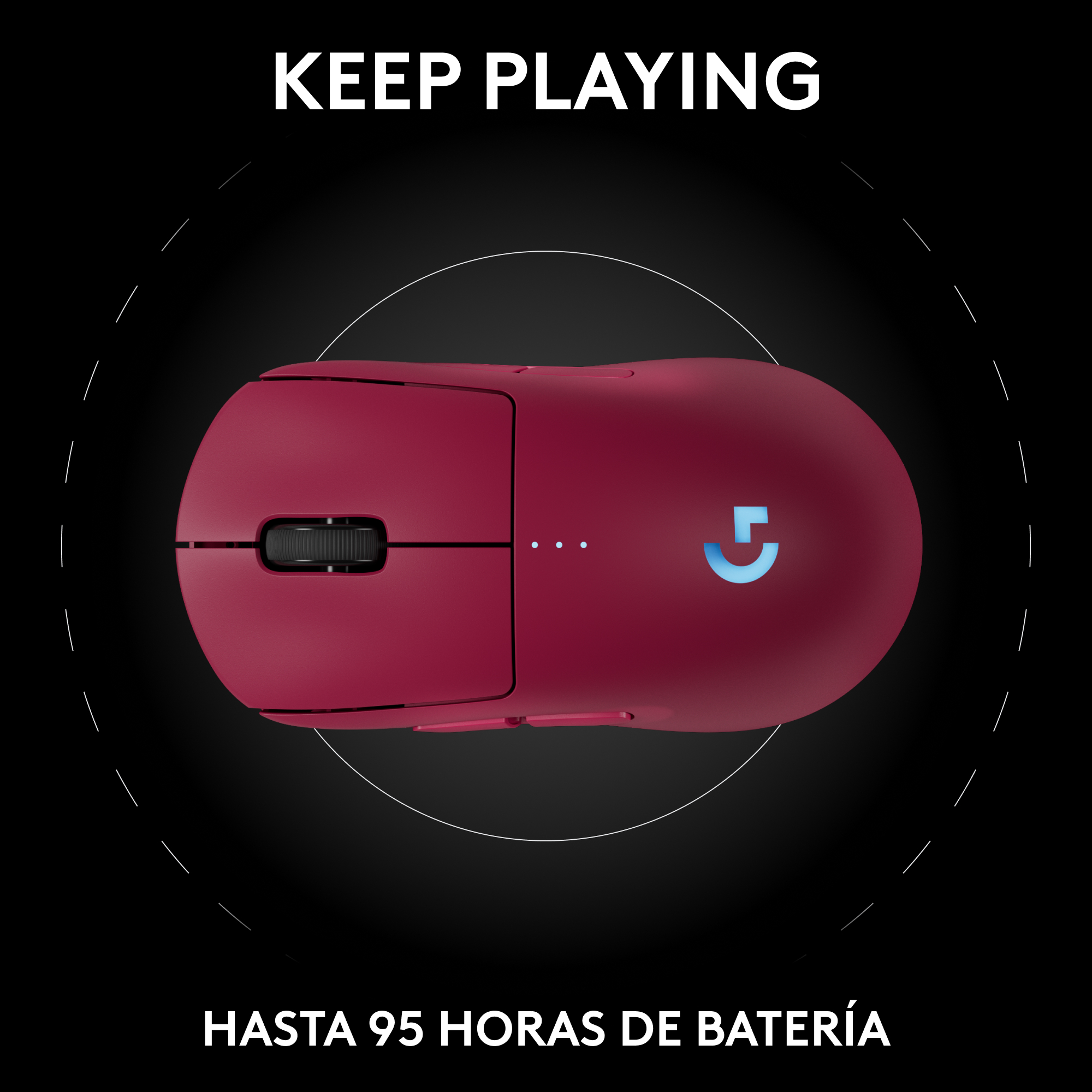 Un ratón inalámbrico rojo con rueda de desplazamiento negra y el texto 'KEEP PLAYING'.