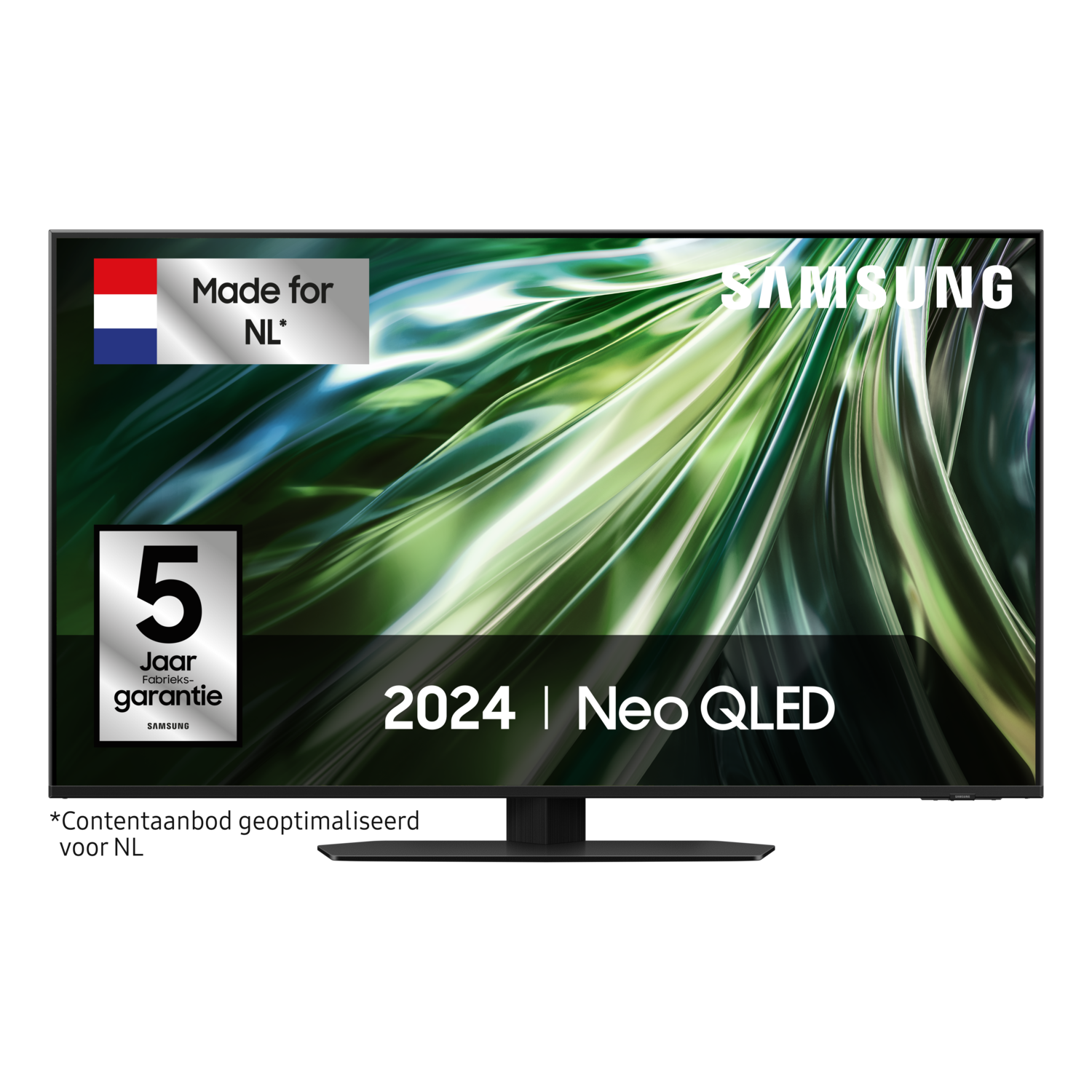 Samsung tv-scherm, met een groen patroon. Toont de tekst 2024 | Neo QLED.
