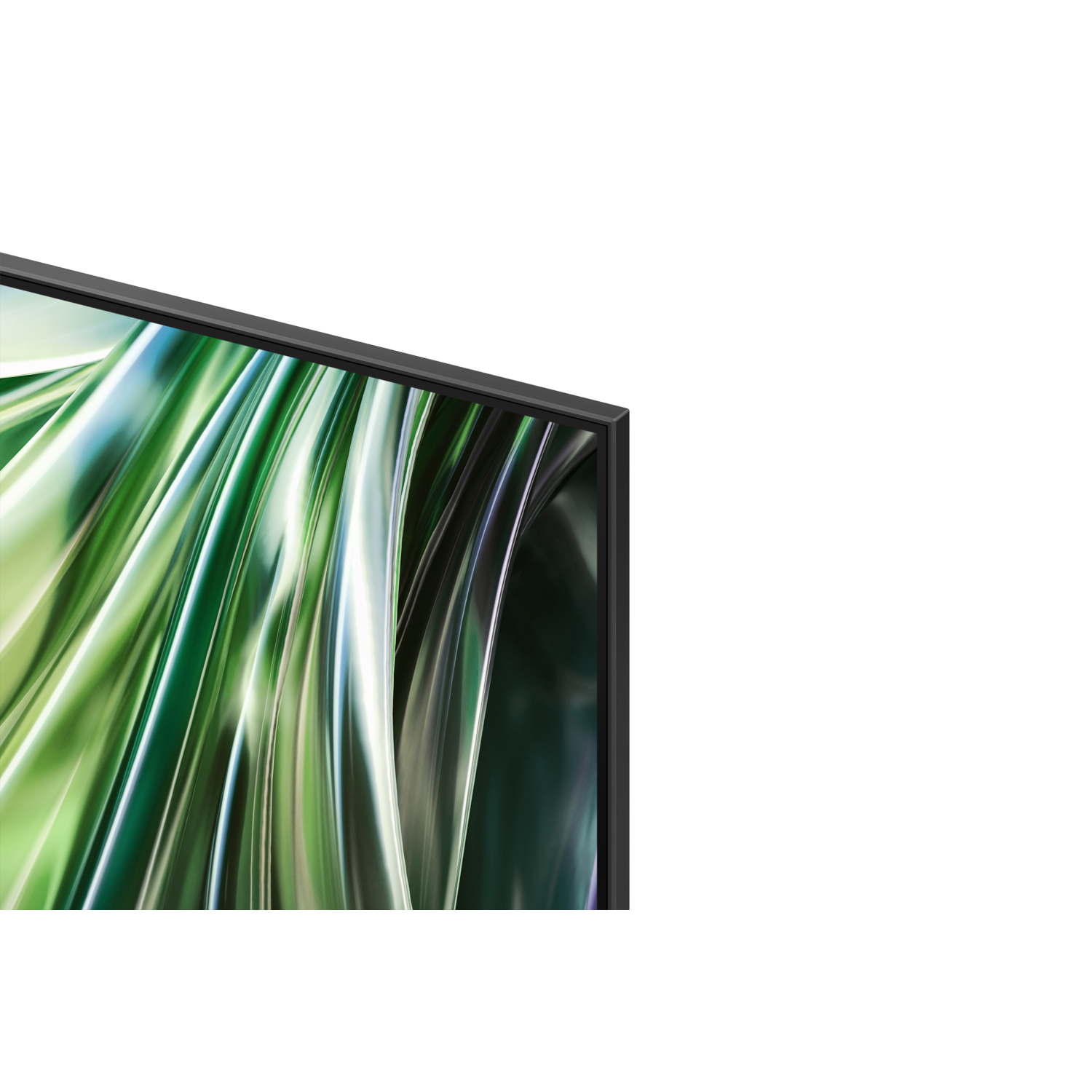 Close-up van een tv-scherm met groen en wit vloeiend design tegen een zwarte achtergrond.