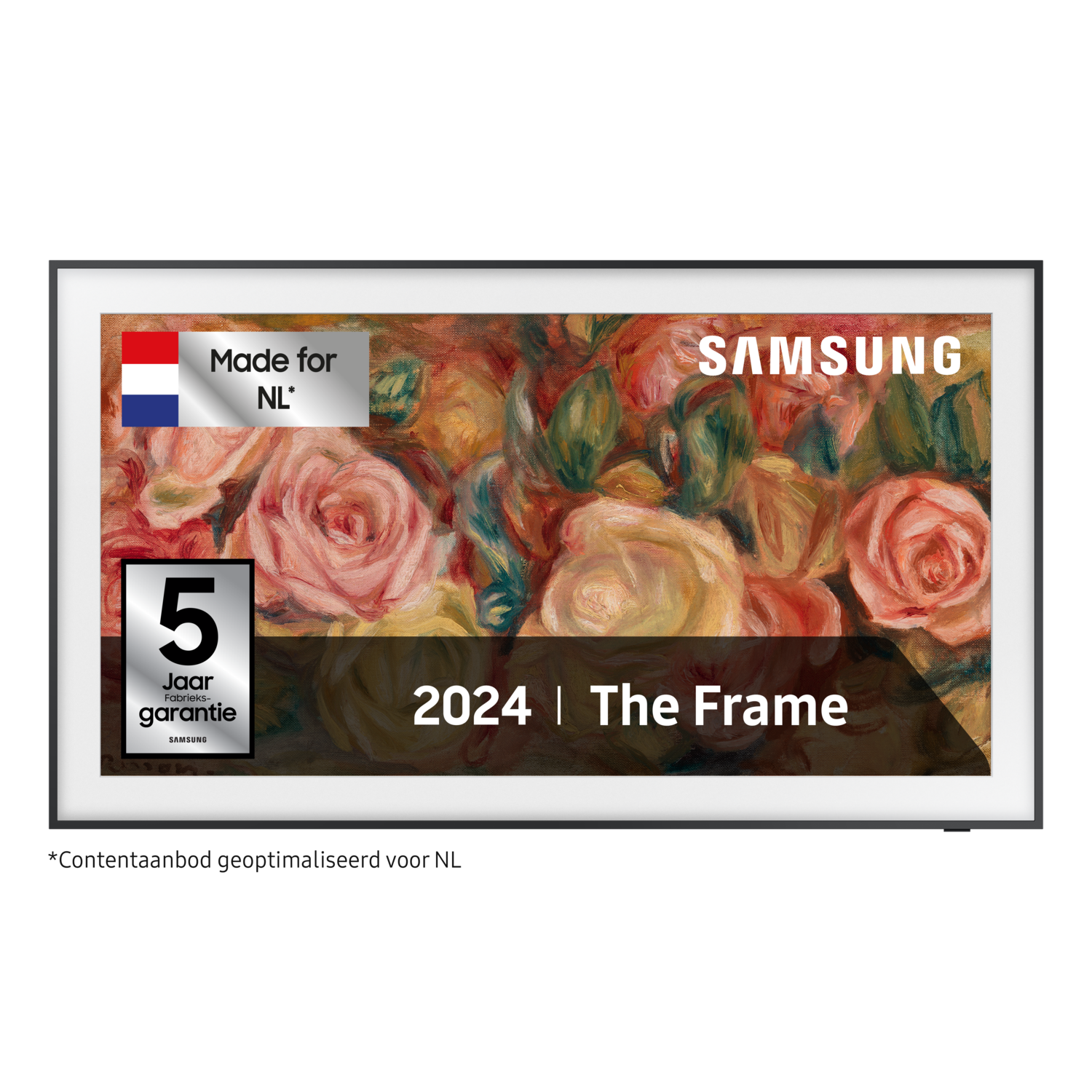 Een Samsung The Frame tv-scherm, met een bloemenkunstwerk. Zwarte lijst en tekst.