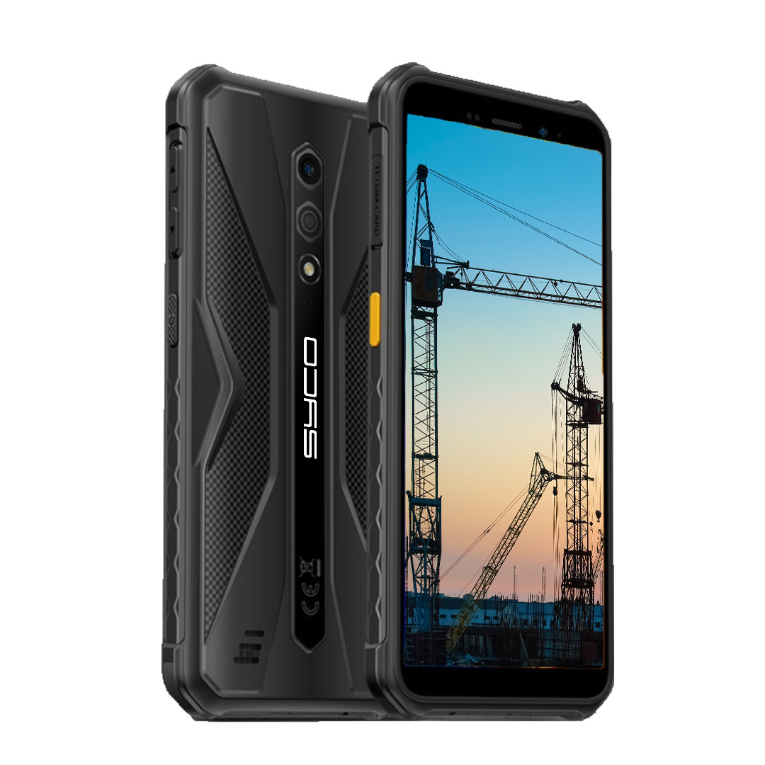 Zwarte robuuste smartphone met dubbele camera's, met een bouwplaats, op een witte achtergrond.