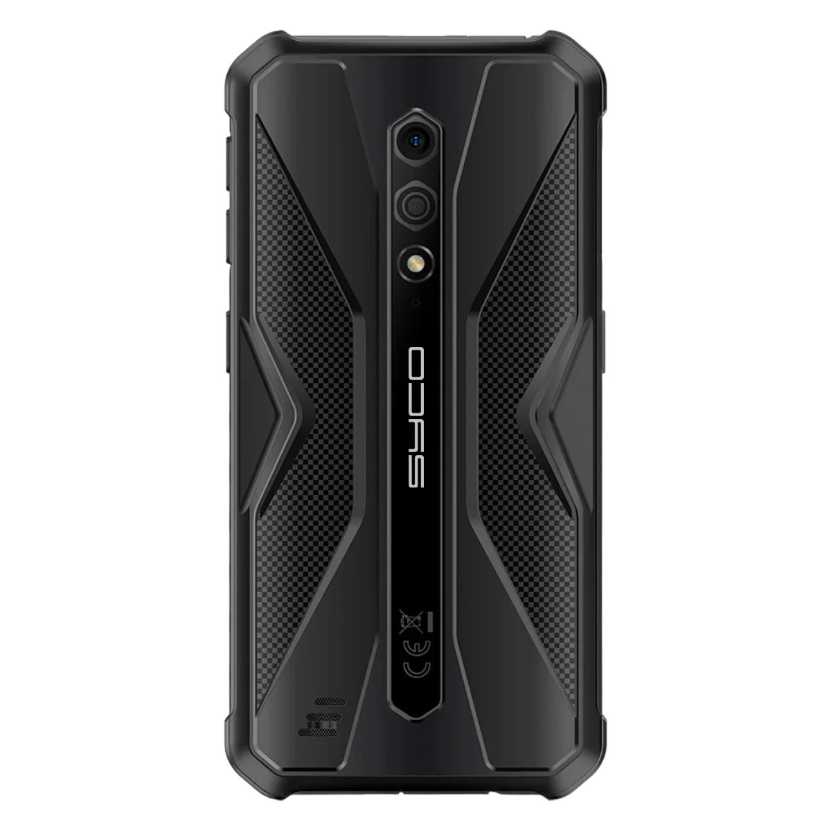 Zwarte smartphone achterkant met een textuur. Camera's en een logo. Grijze achtergrond.