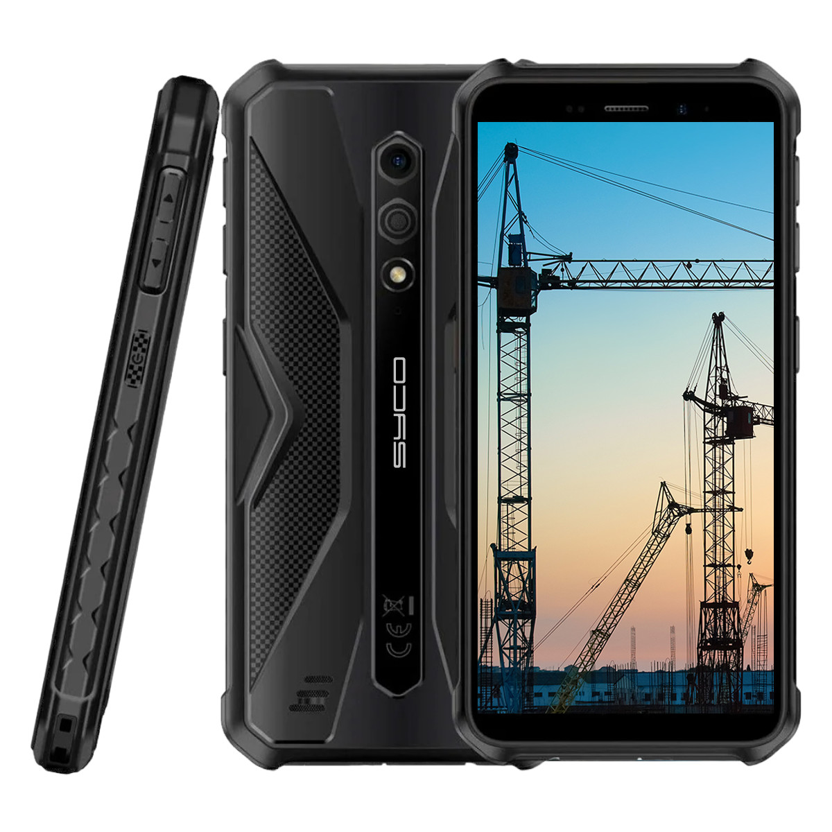 Een zwarte robuuste smartphone met drie camera's aan de achterkant en een bouwplaats op het scherm.
