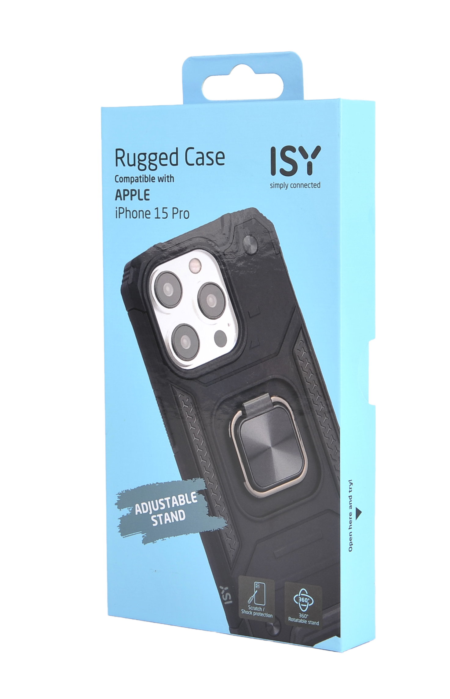 Un embalaje azul y negro de una funda para teléfono con una funda para teléfono dentro. La funda tiene un soporte de anillo.