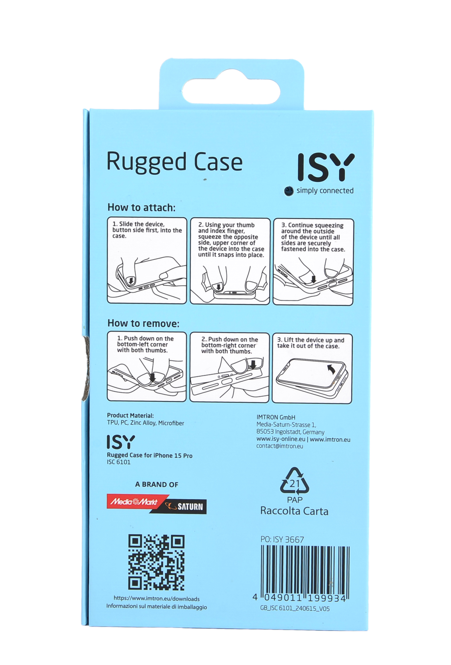 Una caja azul con instrucciones sobre cómo colocar y quitar una funda para teléfono.