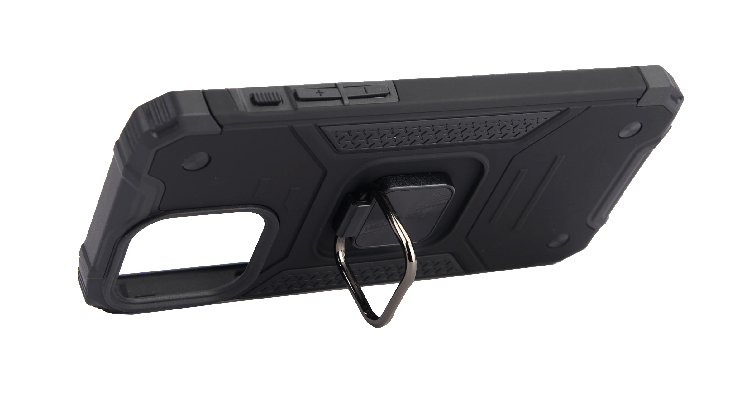 Funda de teléfono negra con soporte de anillo, vista en ángulo. Tiene botones y texturas.