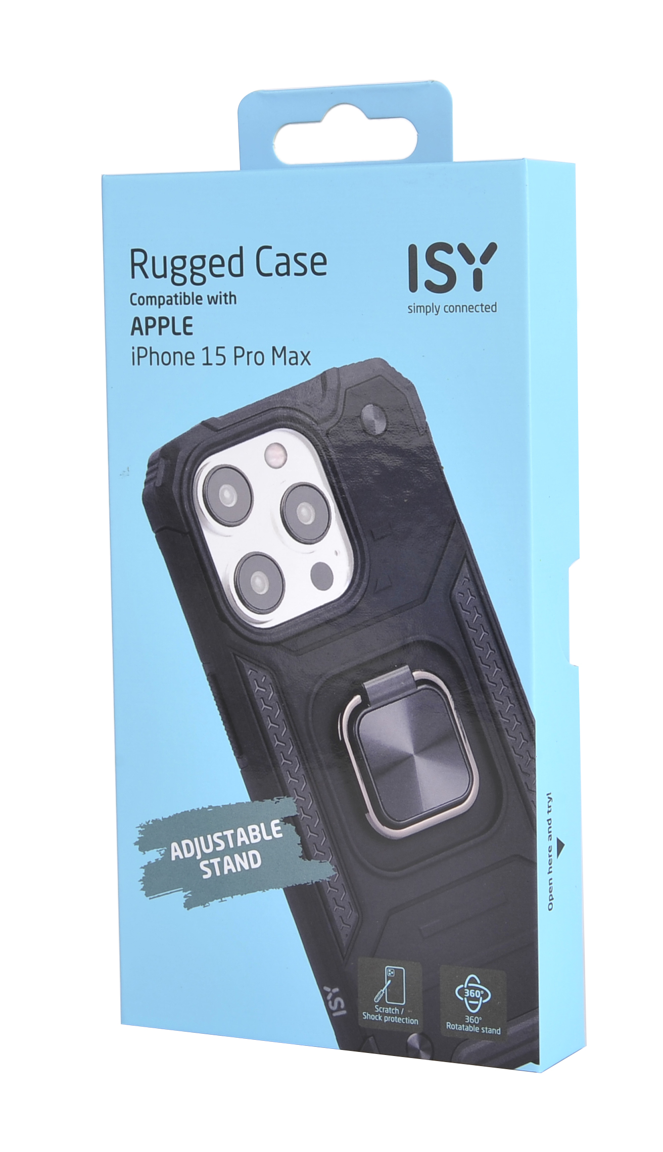 Una funda de teléfono negra con un soporte de anillo y una caja azul.