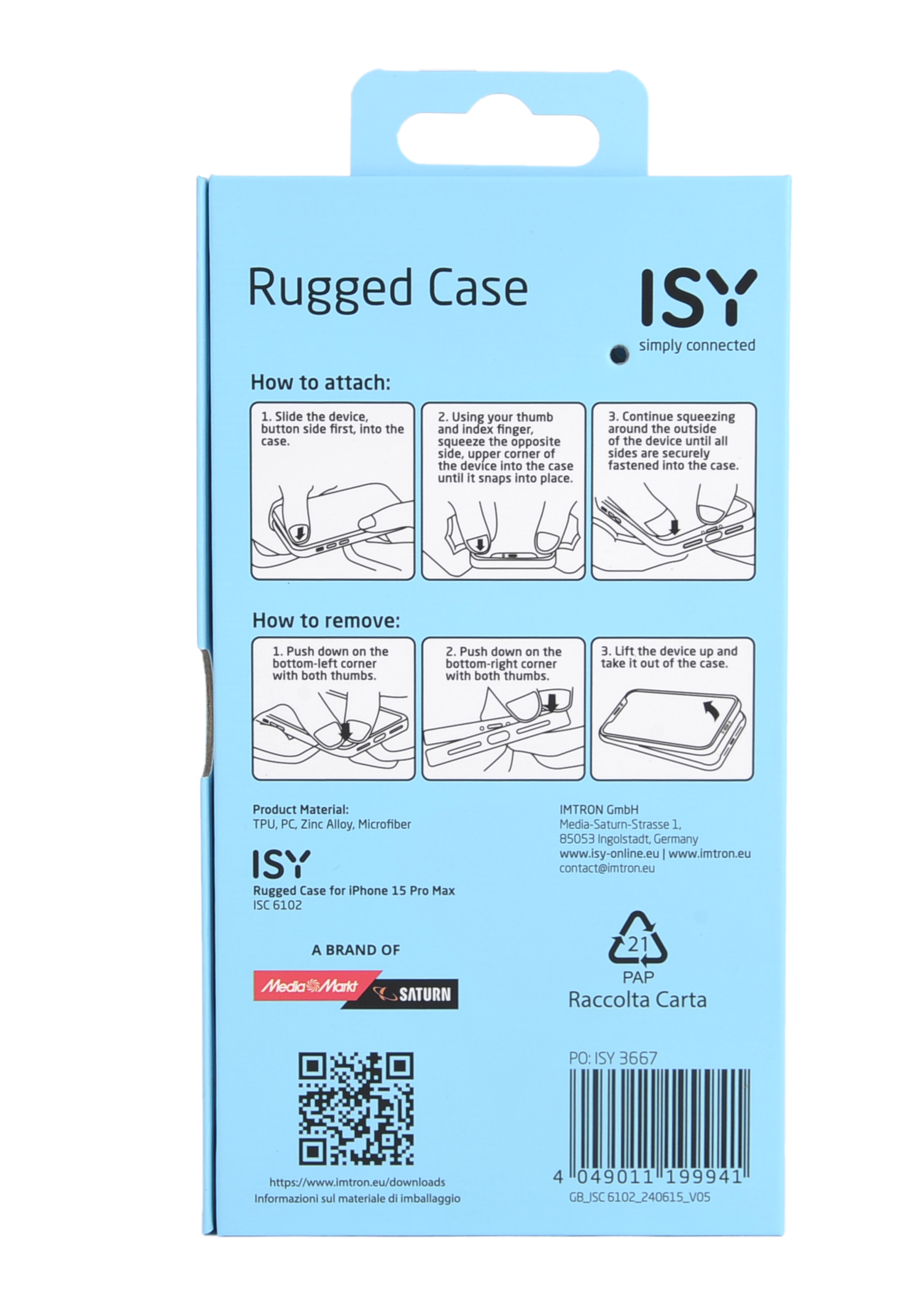 Embalaje de funda de smartphone azul con instrucciones.