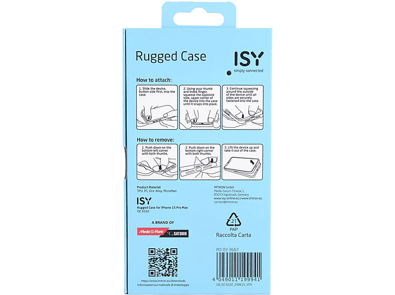 Funda móvil - ISY ISC 6102, Apple, iPhone 15 Pro Max, Resistente a Golpes, Soporte Plegable Integrado, Negro