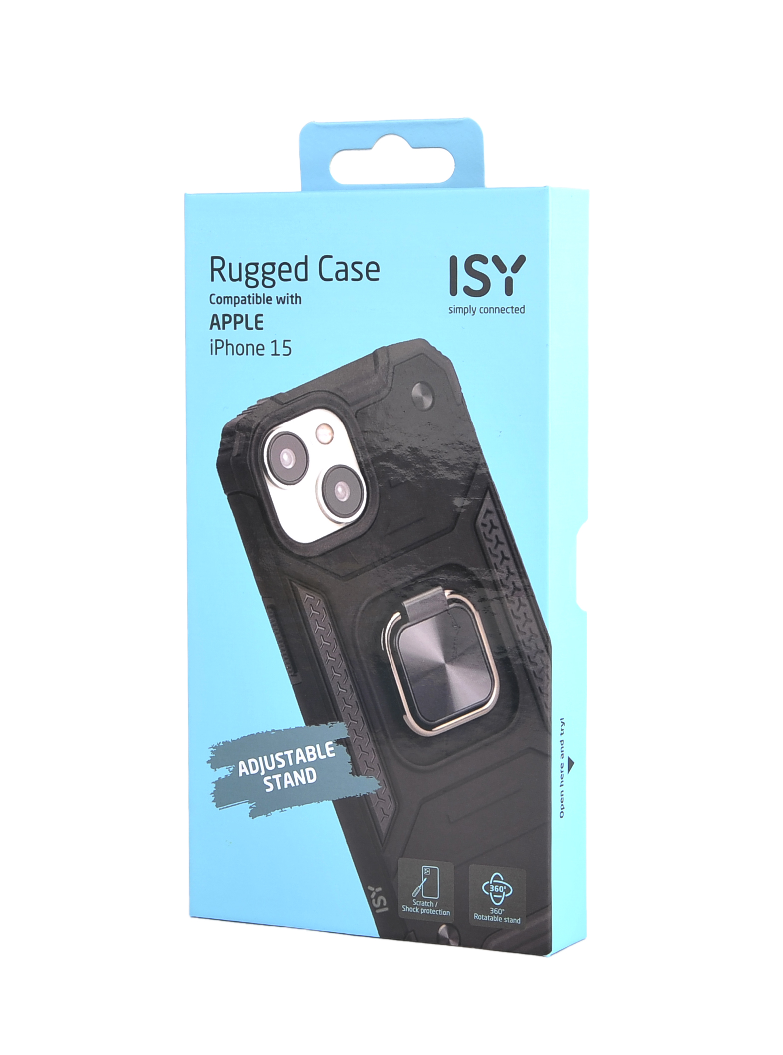 Caja de funda de teléfono con una funda dentro, con un soporte de anillo y la marca ISY.