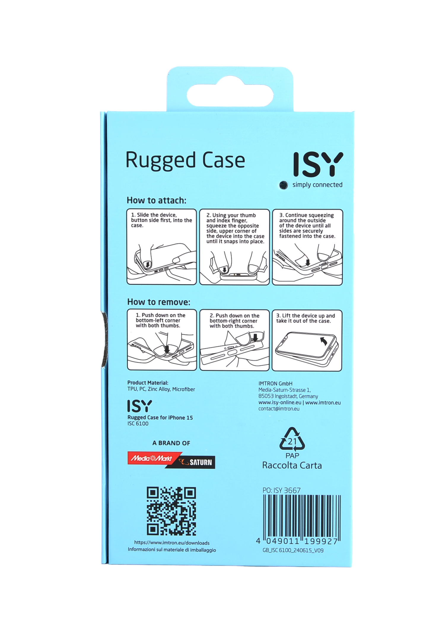 Embalaje azul y blanco con instrucciones para colocar una funda resistente en un teléfono.