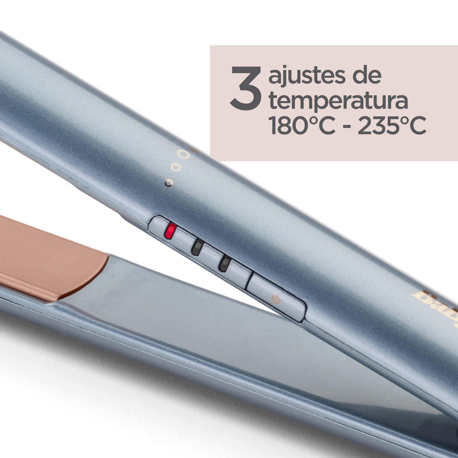 Plancha para el cabello. El texto muestra los ajustes de temperatura 180°C-235°C.