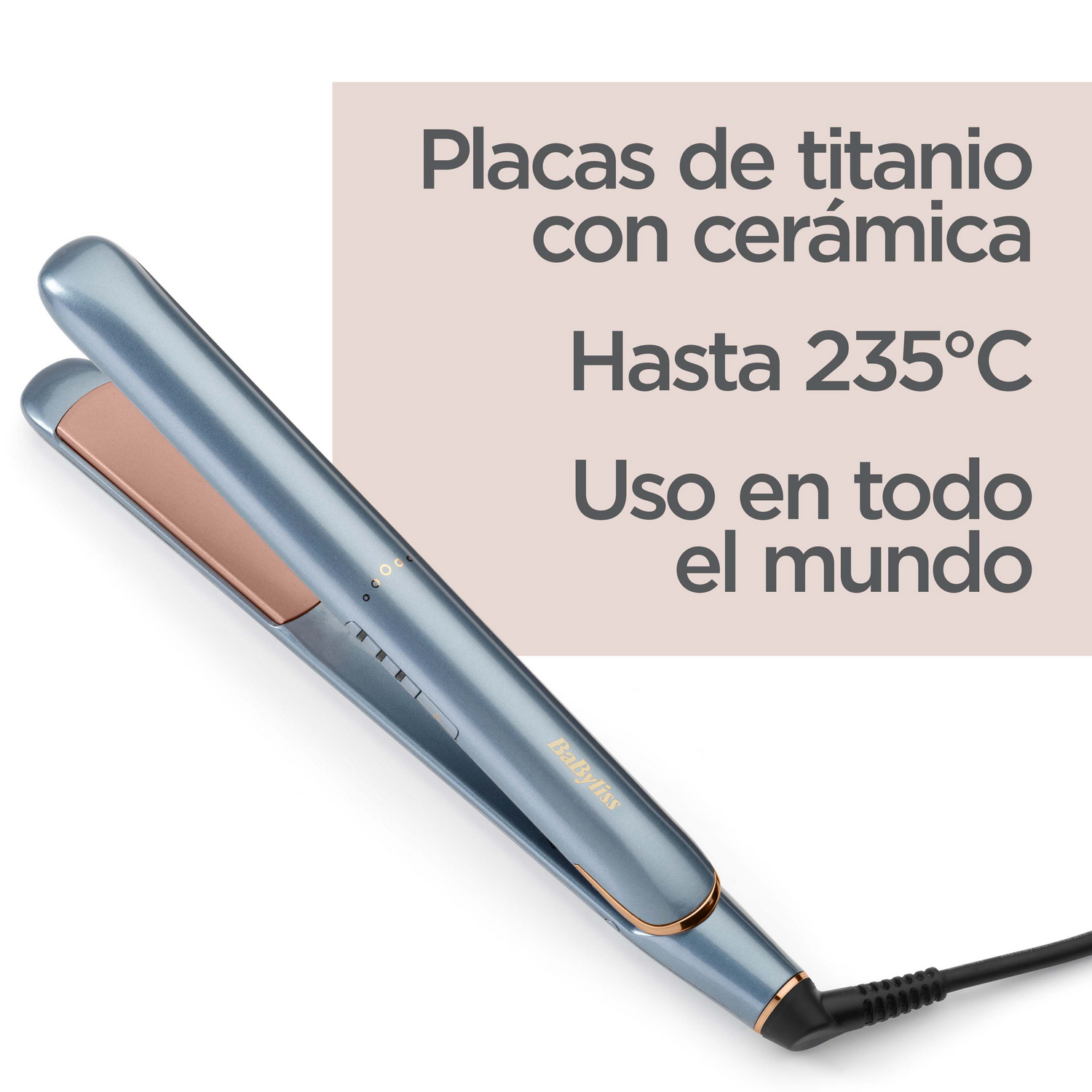 Plancha de pelo azul y oro rosa. Texto: 'Placas de titanio con cerámica' y 'Hasta 235°C'.