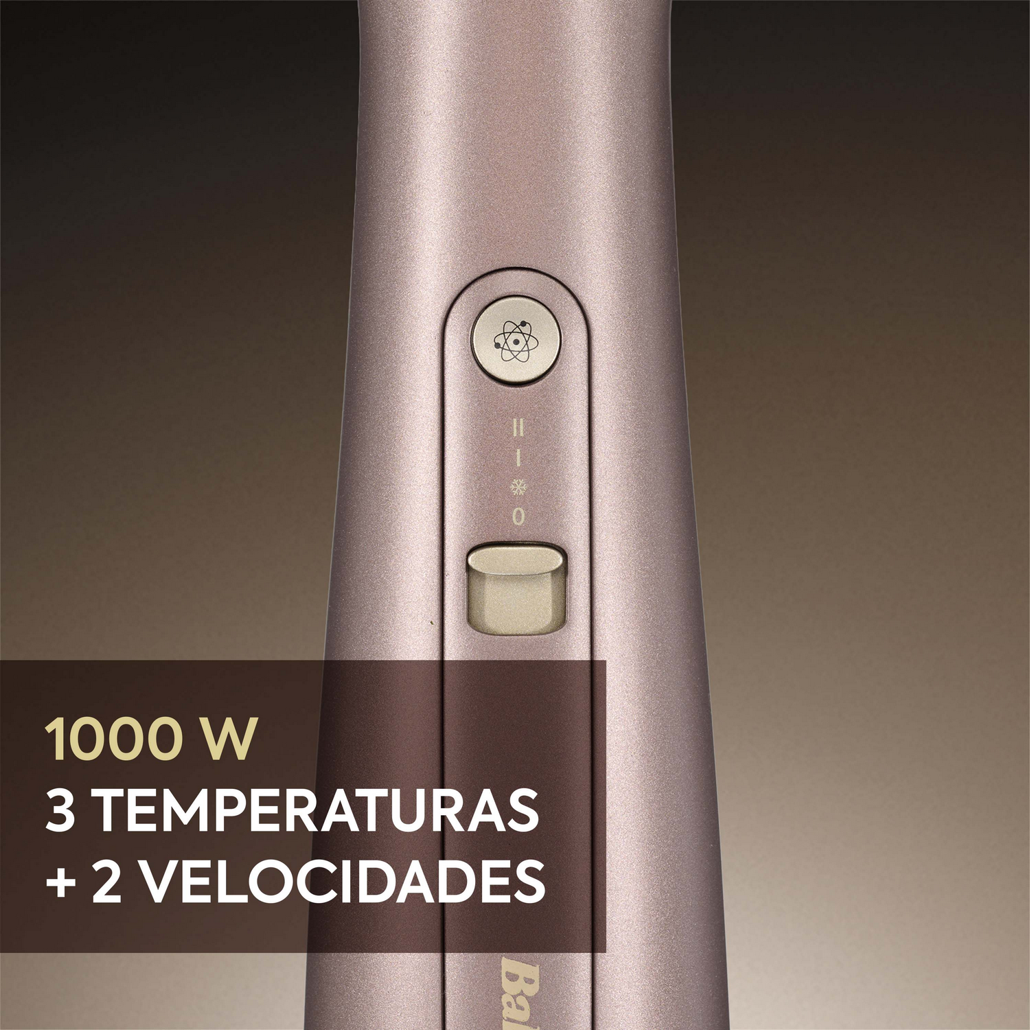 Primer plano de una herramienta de peinado con botones. Texto indica 1000W y ajustes de temperatura.