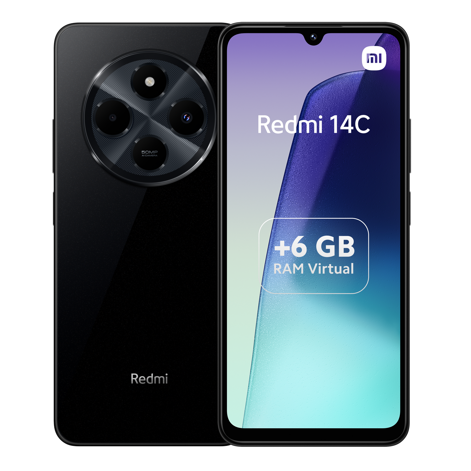 Smartphone negro con tres cámaras traseras y una cámara frontal. La pantalla muestra texto.
