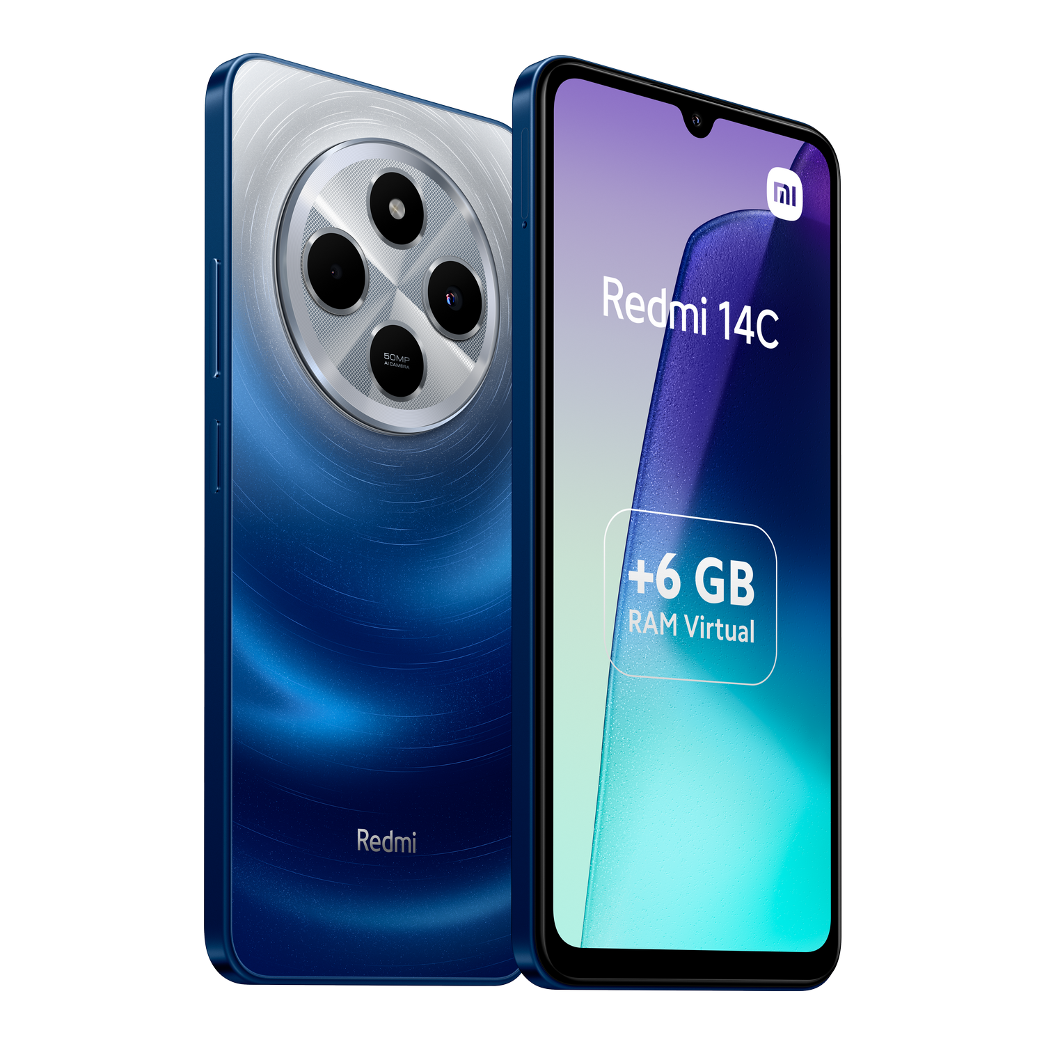Teléfono Redmi 14C azul, vista trasera y frontal. Presenta una cámara y 6 GB de RAM.