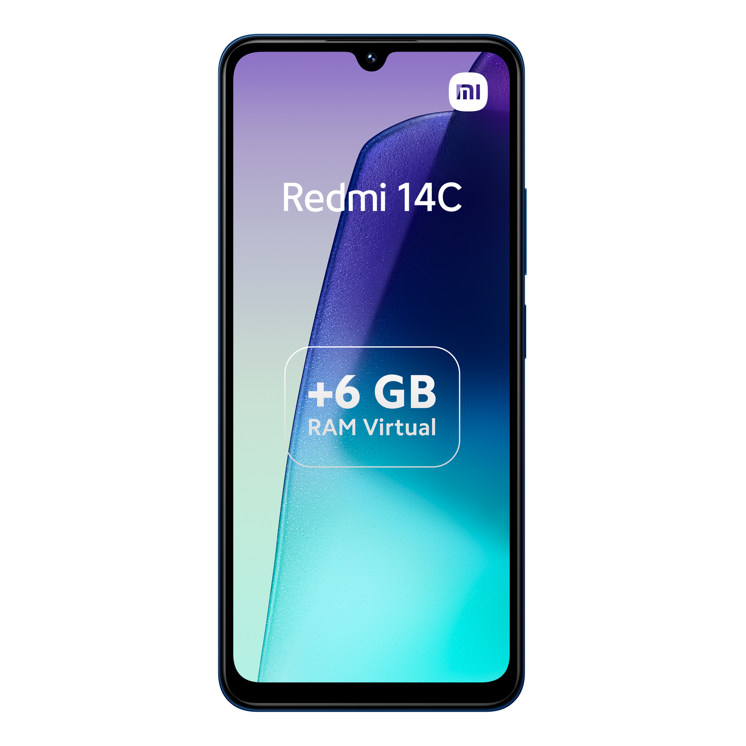 Smartphone azul que muestra una pantalla con un fondo morado y azul.
