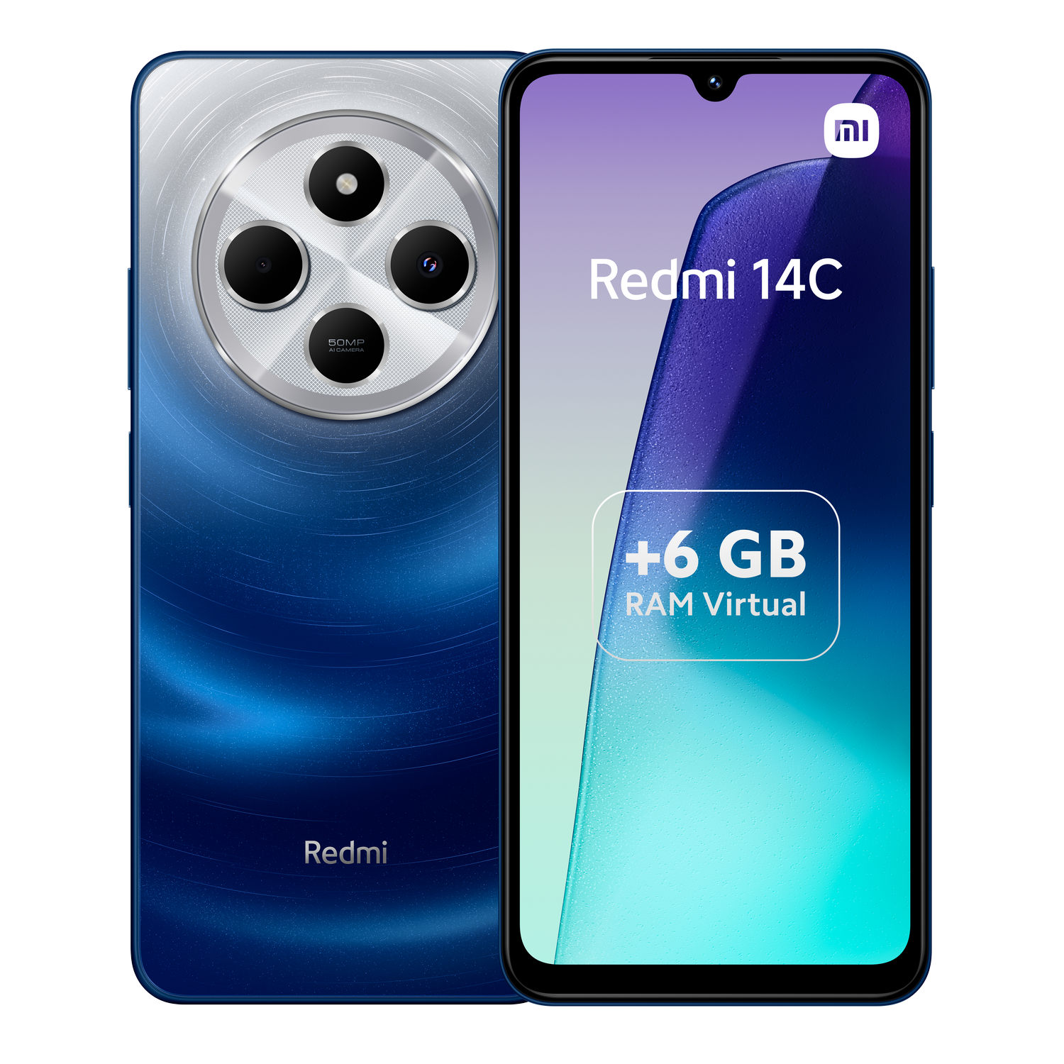 Un teléfono Redmi 14C azul con una matriz de cámara y una etiqueta +6 GB RAM Virtual en la pantalla.