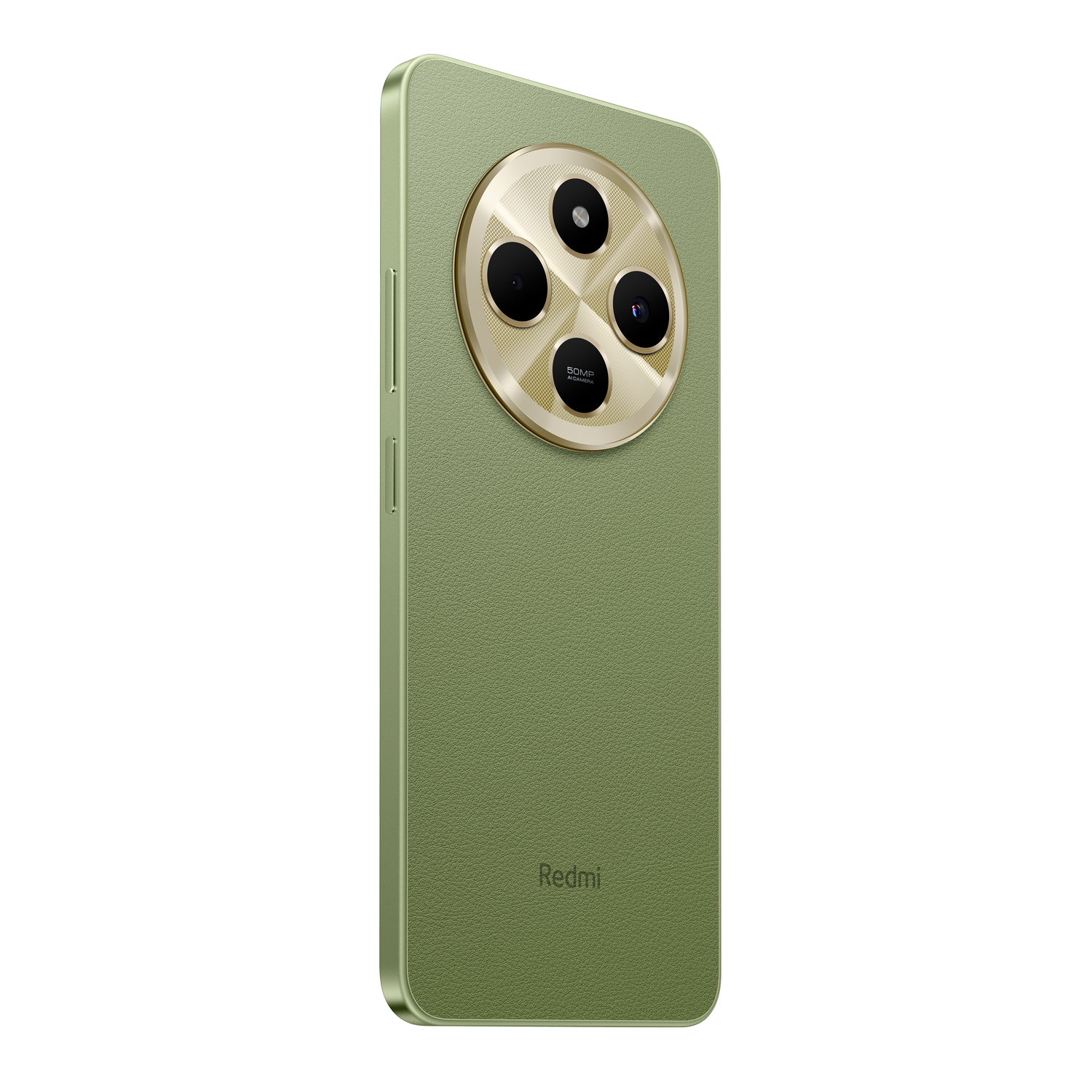 Teléfono verde oliva con una gran protuberancia de cámara circular y el logo de Redmi.