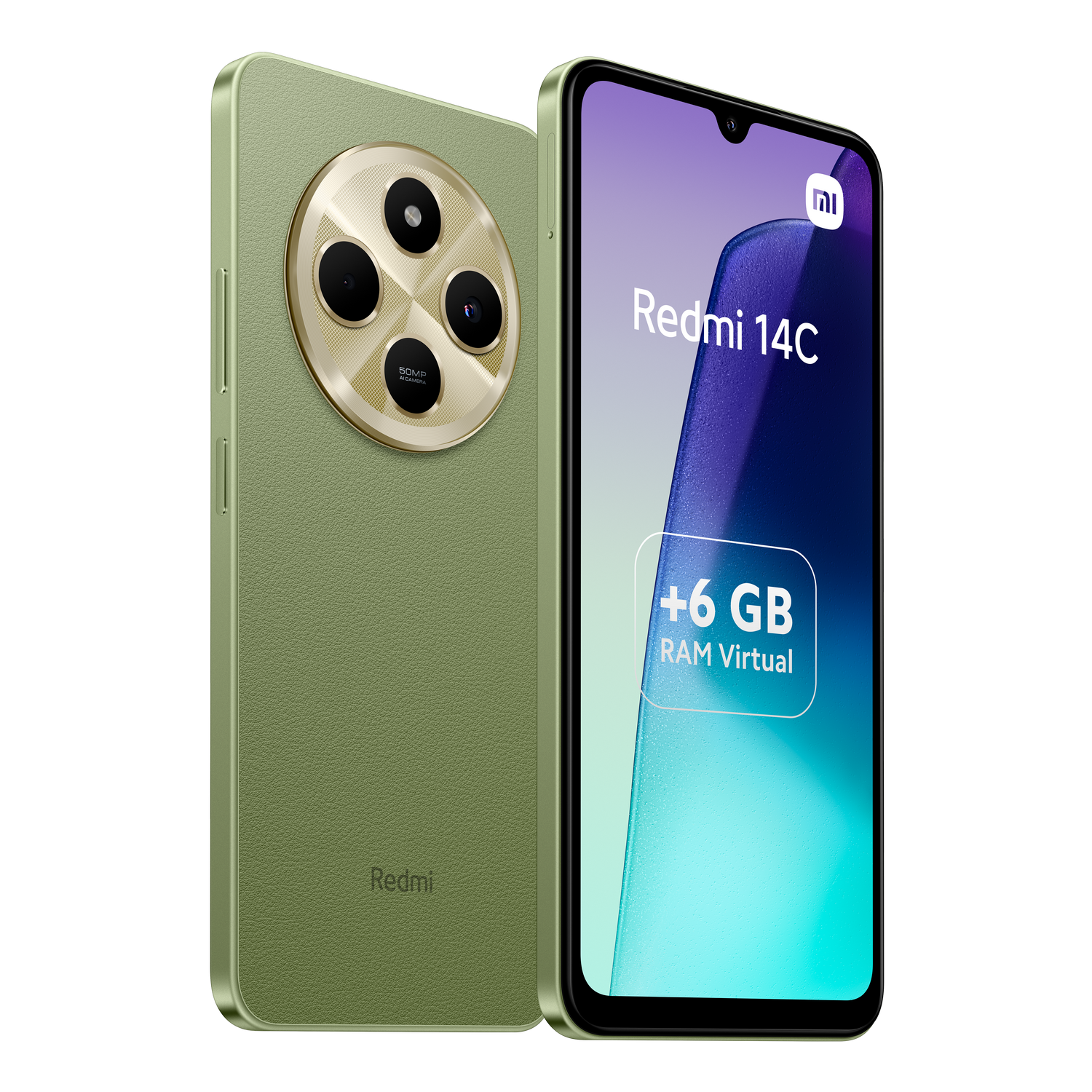 Un teléfono Redmi 14C verde. Tiene una cámara grande. La pantalla dice '+6 GB RAM Virtual' sobre un fondo púrpura.