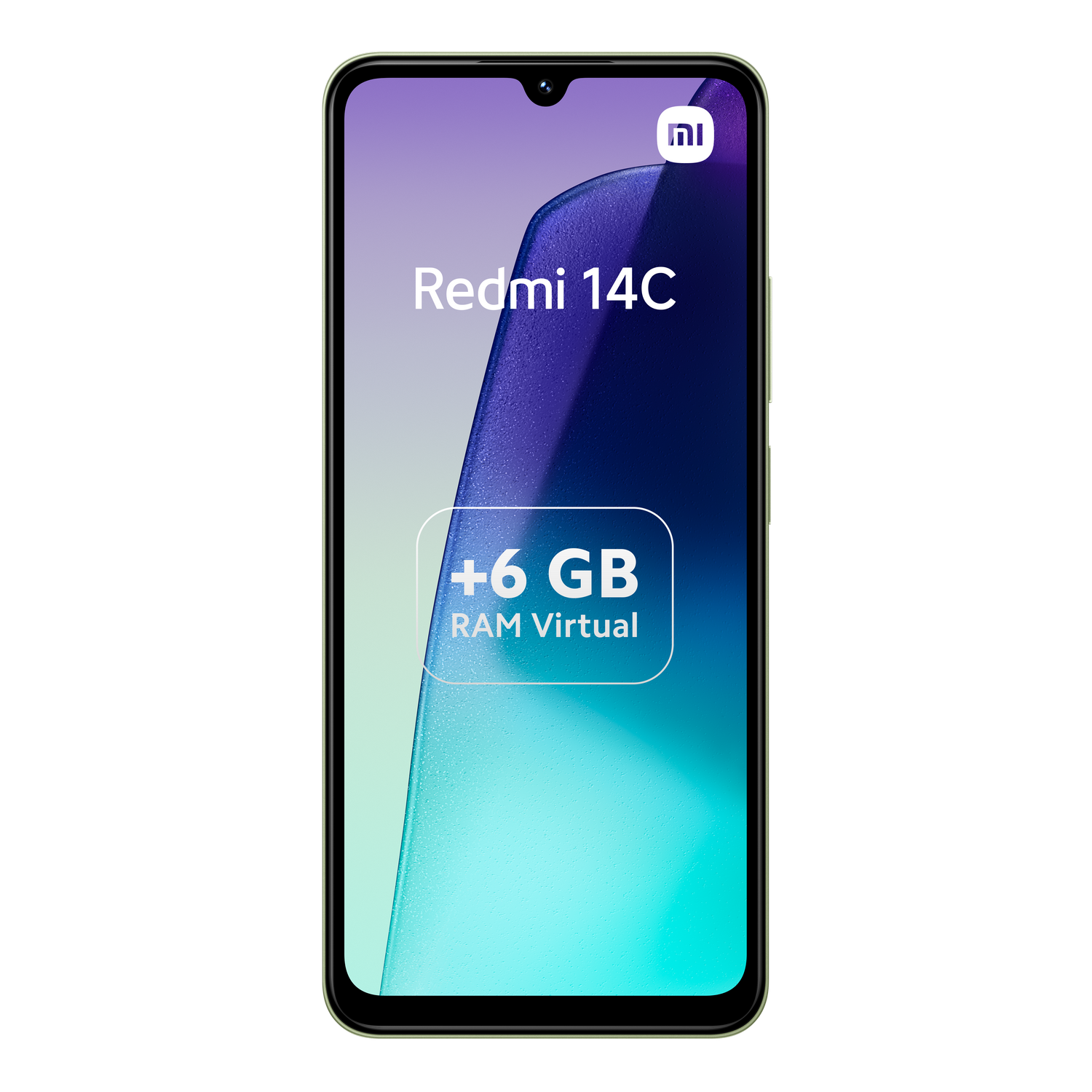 Teléfono Redmi 14C. La pantalla muestra texto y una etiqueta +6 GB RAM Virtual.
