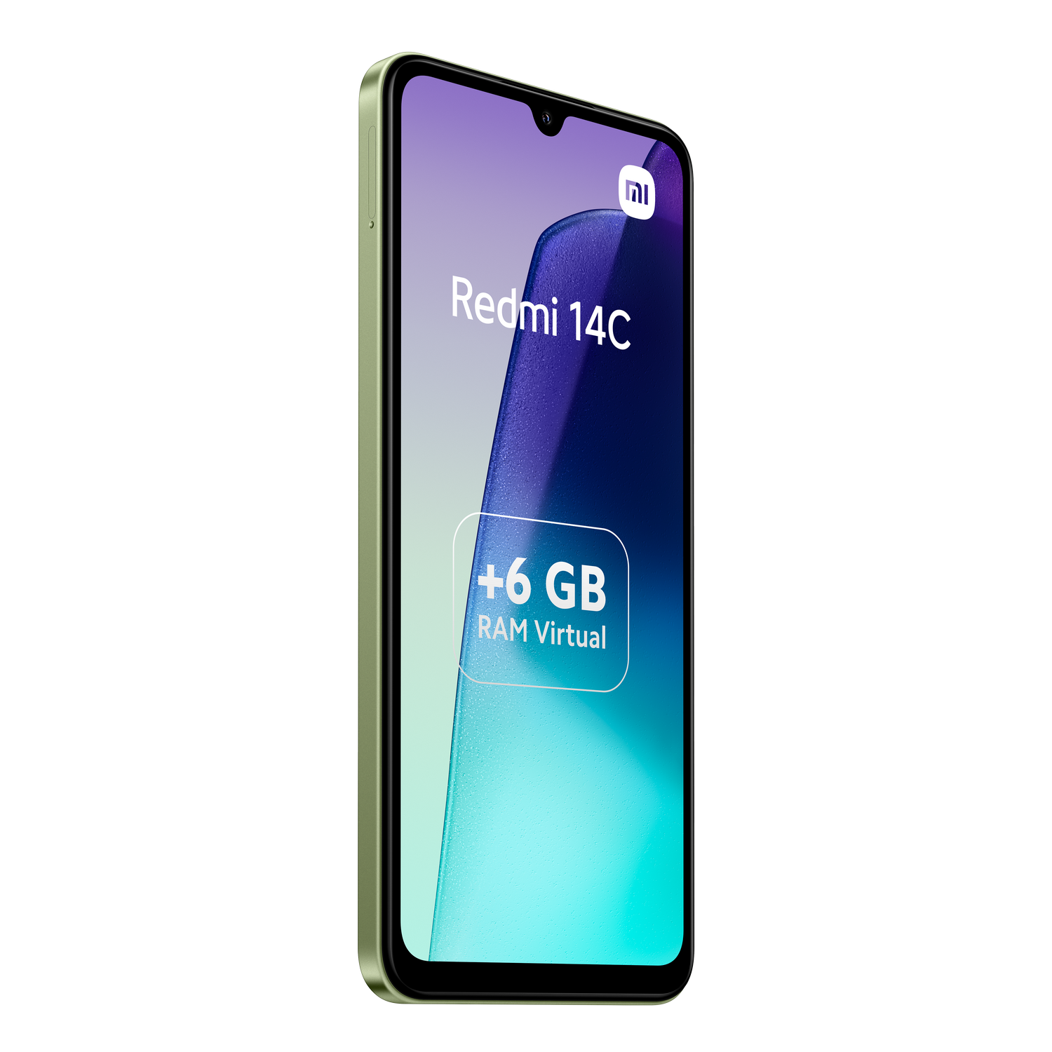 Un teléfono verde, la pantalla dice 'Redmi 14C' y '+6 GB RAM Virtual'.
