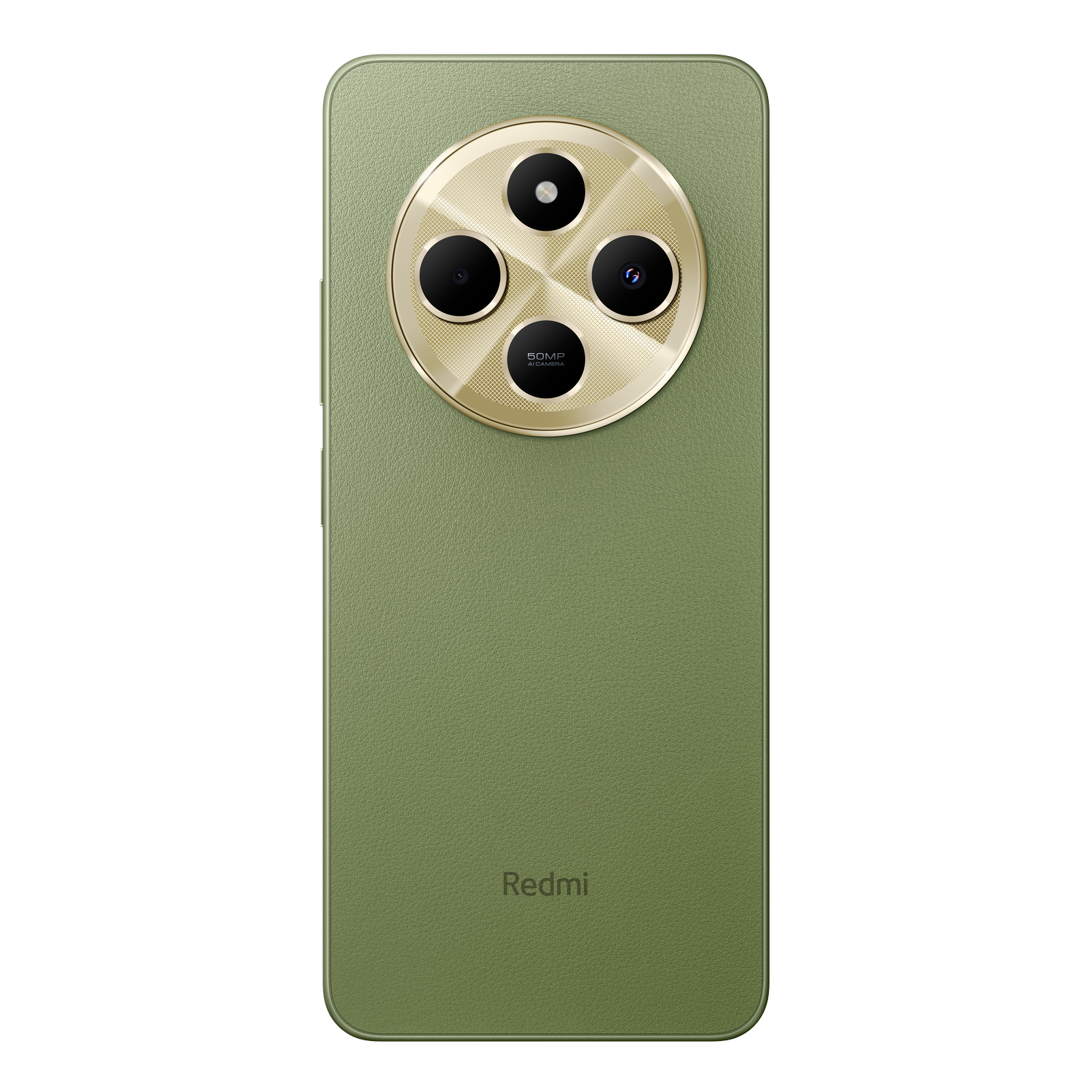 Teléfono Redmi verde con un módulo de cámara dorado. Tiene tres cámaras y el logo Redmi abajo.