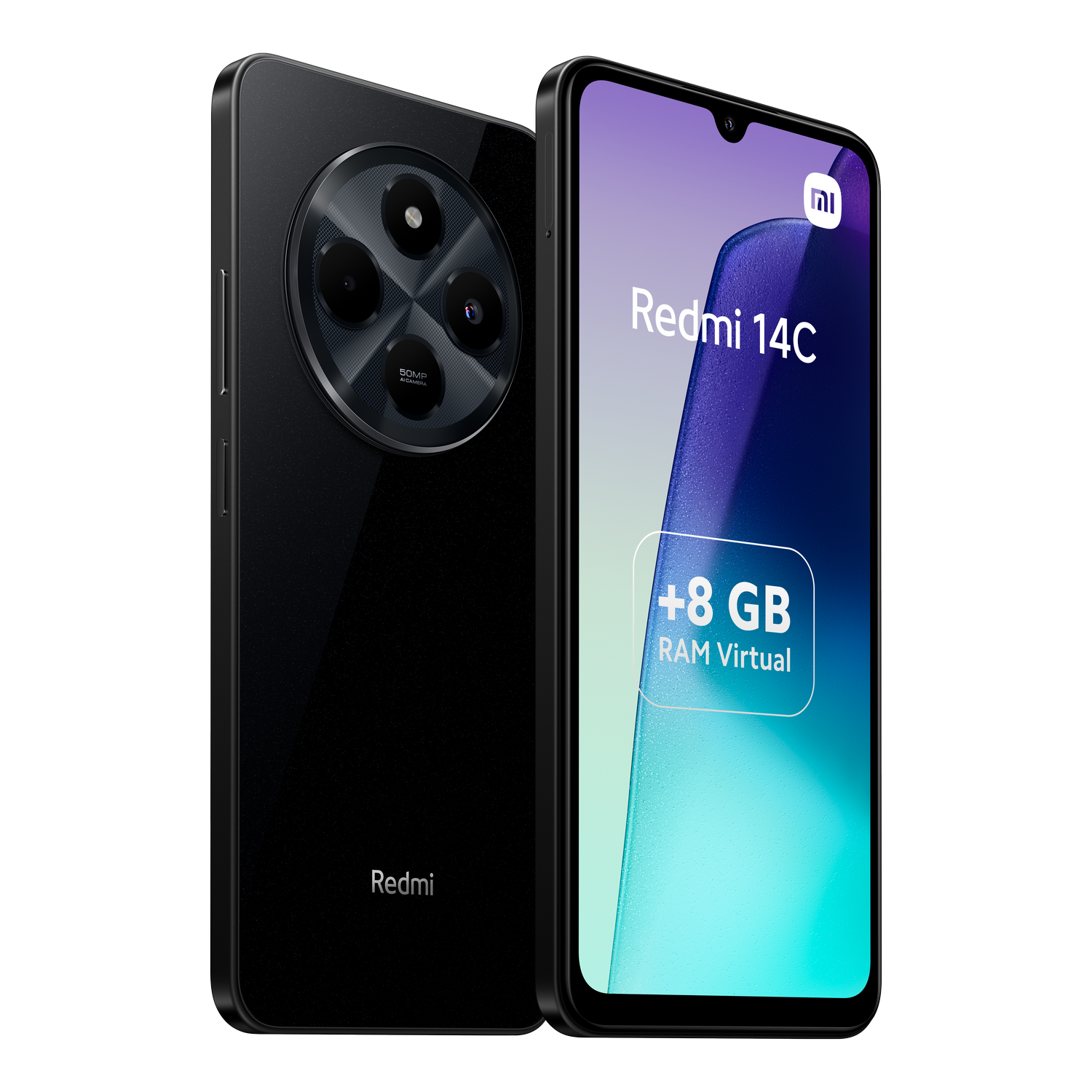 Un teléfono inteligente negro, que muestra la parte delantera y trasera, con un fondo blanco.