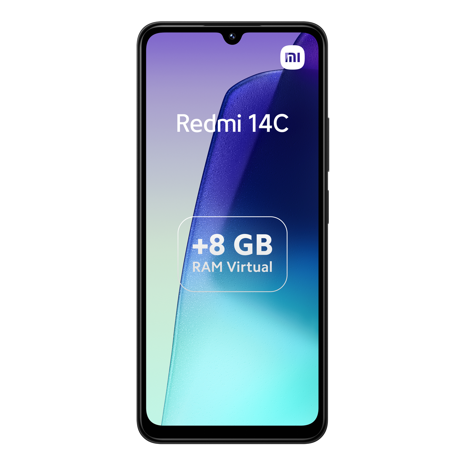 Un smartphone con una pantalla que muestra 'Redmi 14C' y +8 GB de RAM Virtual, sobre fondo negro.