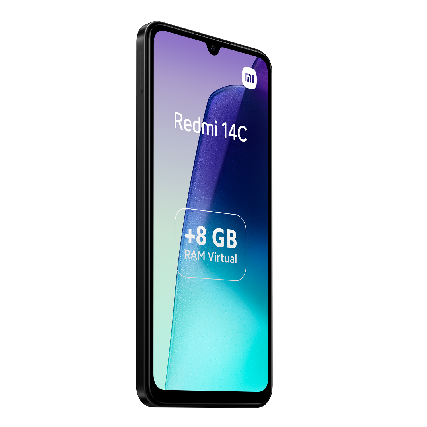Teléfono Redmi 14C con una pantalla que muestra un fondo de pantalla colorido y superposición de texto.
