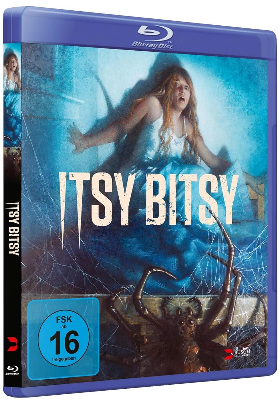 Blu-ray-Filmcover mit einer Horrorszene eines Mädchens und einer Spinne. Titel: 'Itsy Bitsy'.