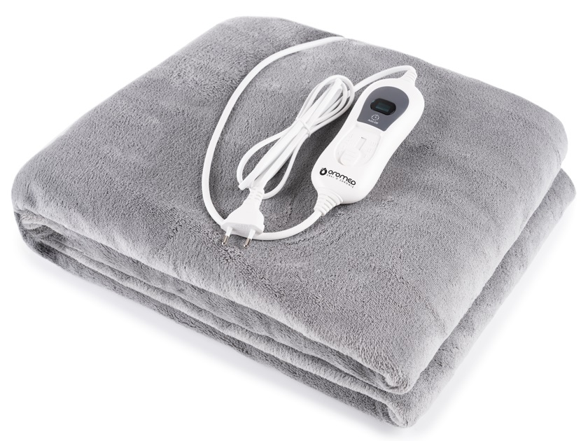 Złożony szary elektryczny koc grzewczy z panelem sterowania i kablem zasilającym.