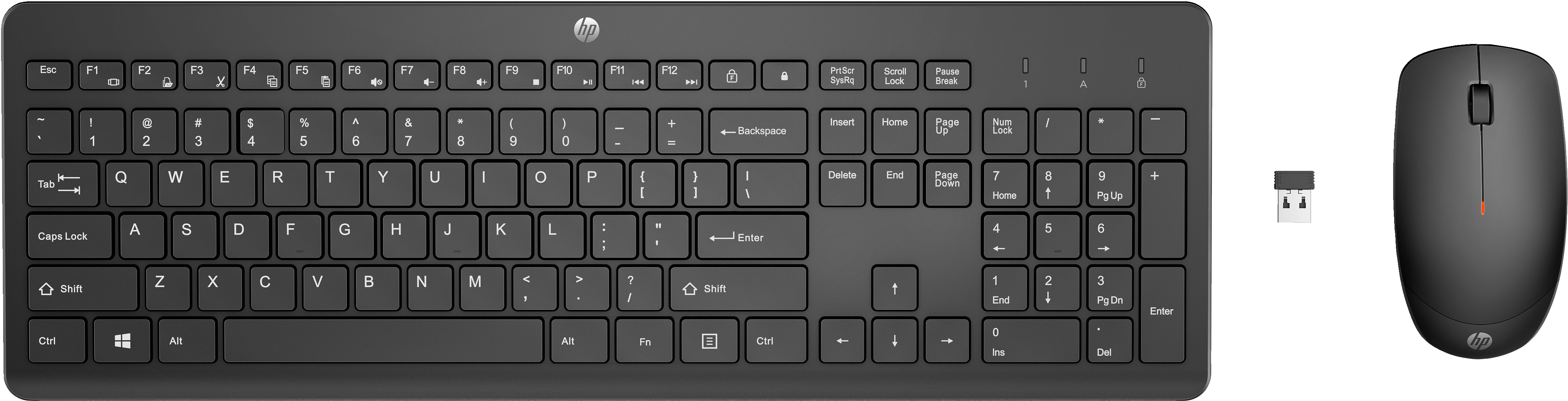 Schwarze Tastatur, Maus und USB-Empfänger. Die Tastatur hat viele Tasten.