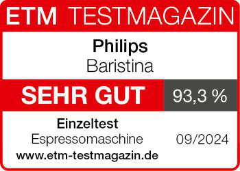 Ein rot-weißes ETM TESTMAGAZIN-Label mit Text über eine Philips Kaffeemaschine.