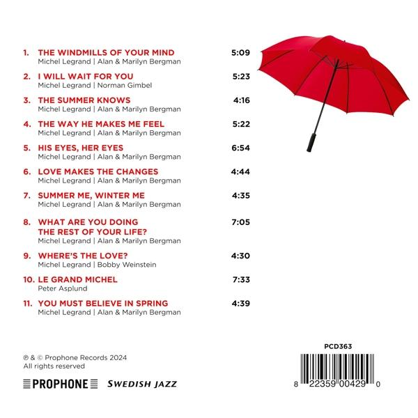 Albumcover mit Titelliste und rotem Regenschirm. Weißer Hintergrund.