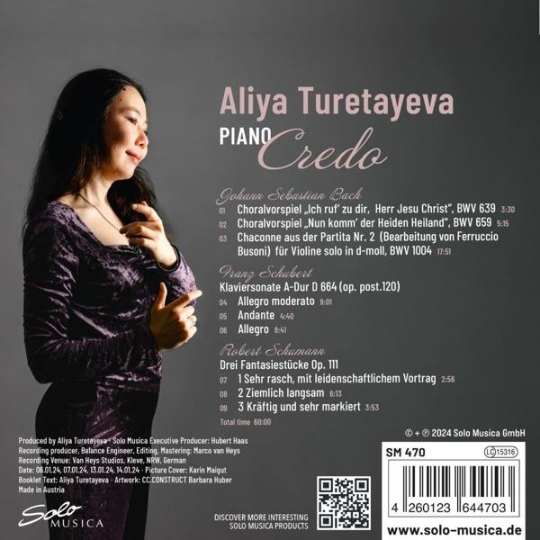 Albumcover von Aliva Turetayeva. Text enthält Songtitel, Foto des Künstlers. Klavier, Credo-Titel.