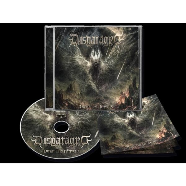 CD-Hülle und -Scheibe mit Artwork einer dunklen Fantasieszene mit dem Text 'Down The Heavens'.