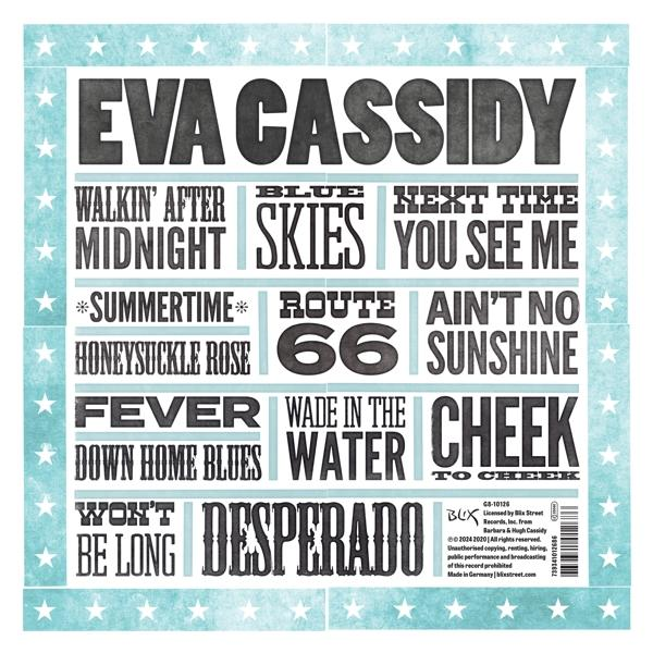 Albumcover mit Songtiteln in verschiedenen Schriftarten. Der Künstlername ist Eva Cassidy. Blau-weißer Hintergrund.