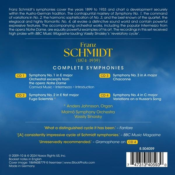 CD-Cover mit Text. Enthält den Namen Franz Schmidt, vollständige Symphonien und CD-Nummern.