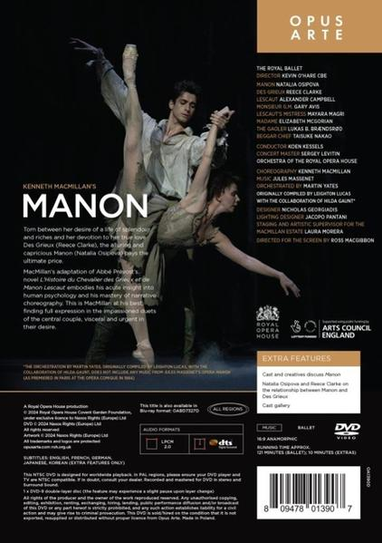 DVD-Cover des Balletts 'Manon'. Zwei Tänzer, Frau in fließendem Kleid. Text und Credits.