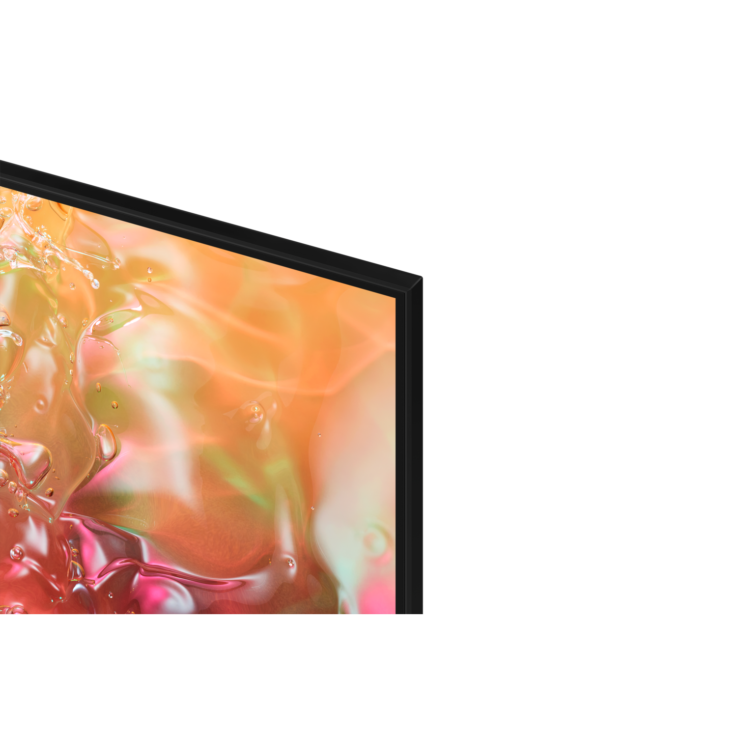 Close-up van een tv-scherm met abstracte, oranje-roze vormen tegen een zwarte achtergrond.